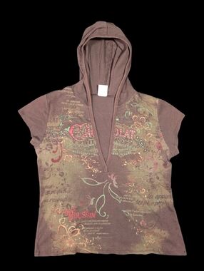 90s Y2K Fashion Bug Hooded Shirt Brown Womens XL Cap Sleeve USA Floral V-Neck